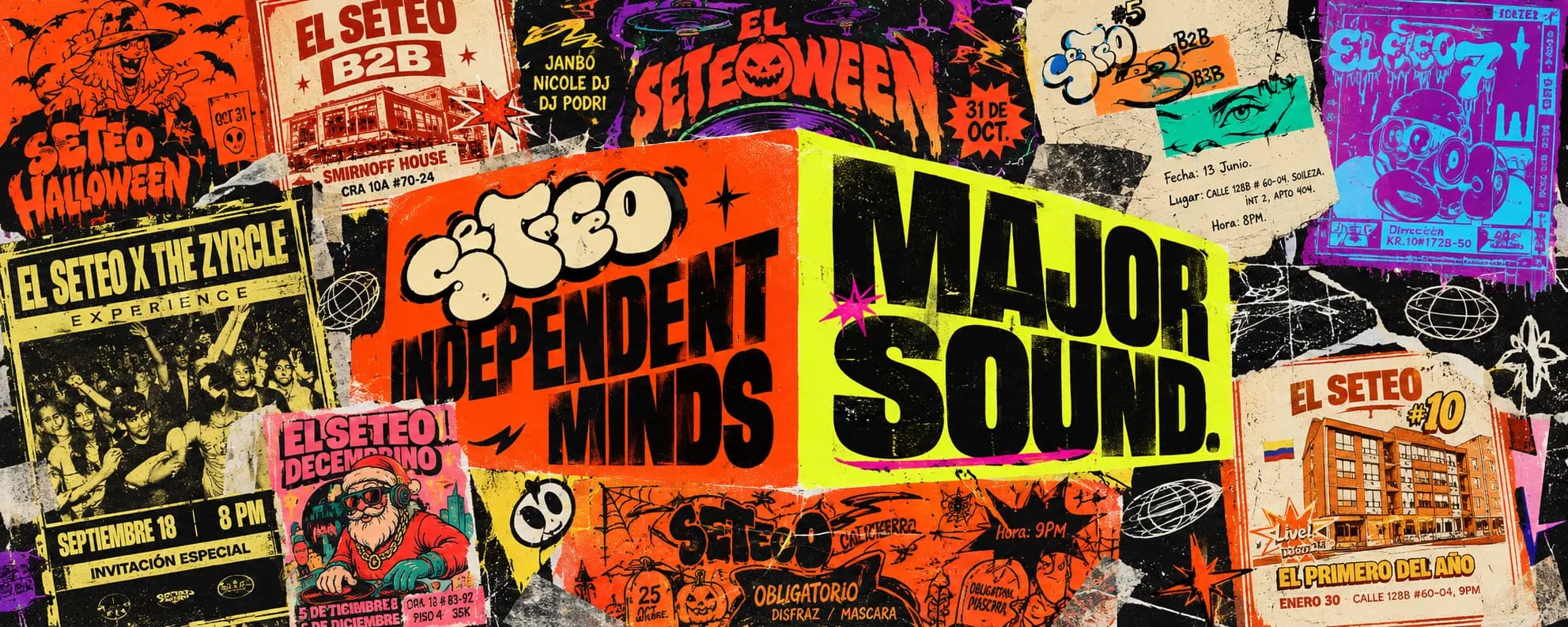 Seteo: Independent minds, major sound. Collage de flyers de El Seteo